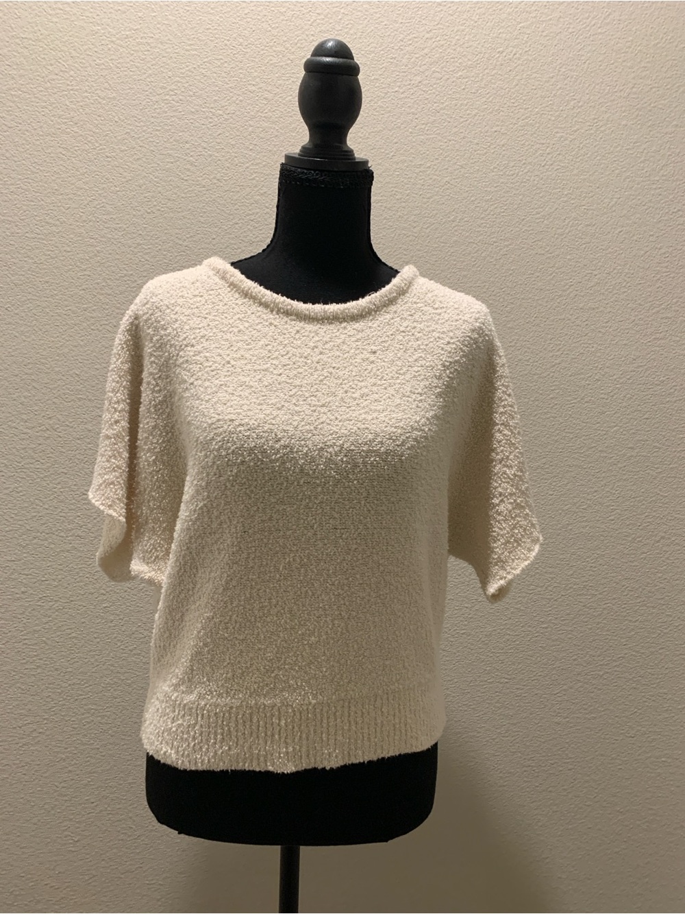 Free People Cream Bouclé Crewneck Short Sleeve Sweatert (Size S)